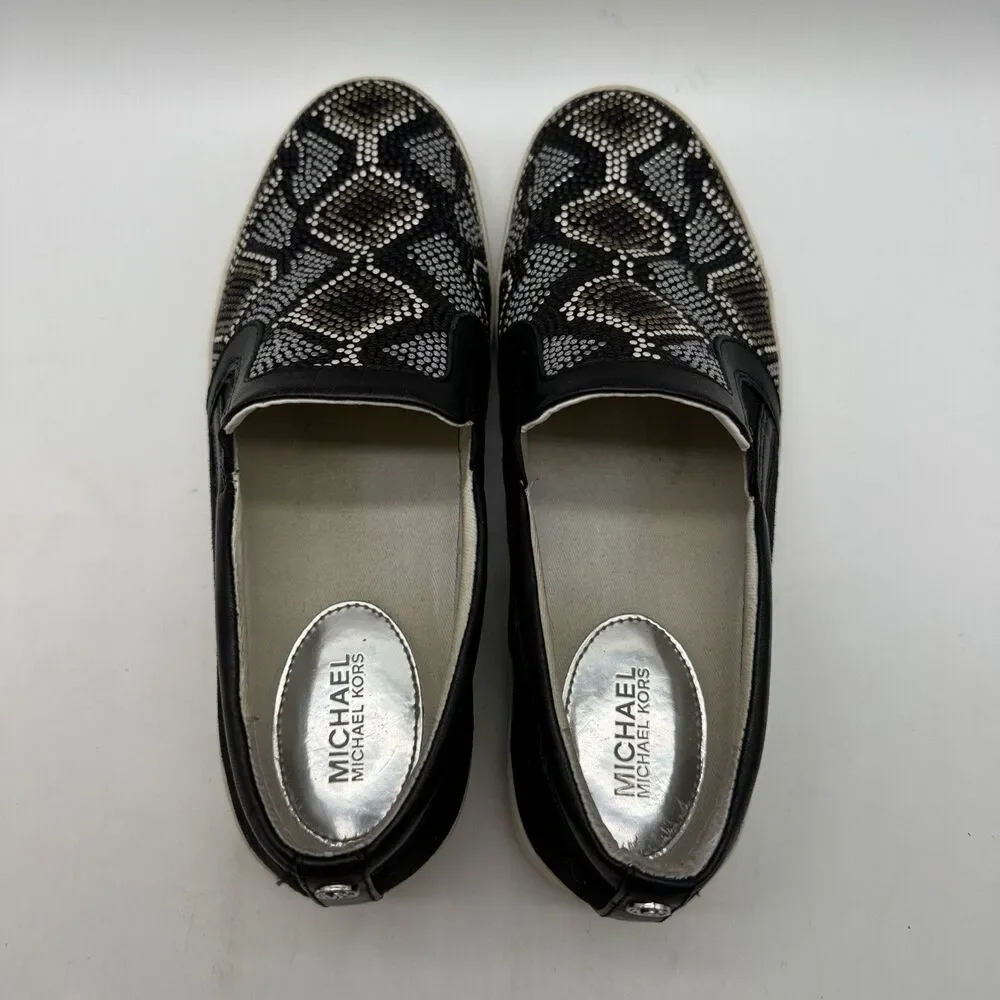 Michael Kors MK Leo Beaded Suede Loafers Women's 7.5M Black White Slip On Shoes